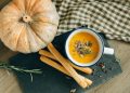 Overhead Shot of Bread Sticks and Pumpkin Soup