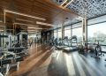 Interior of modern fitness club with various machines and equipment
